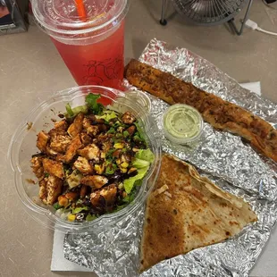 Avocado Salad with Hot Fried chicken, Parmesan Cheese Stick, Garlic Dough
