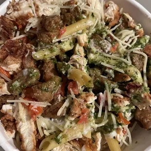 Basil Pesto Pasta with crispy chicken and italian sausage