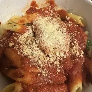 Penne pasta with marinara and Parmesan