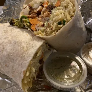 Piada-Alfredo pasta, lettuce, roasted broccoli &amp; sweet potatoes, pancetta, herb roasted tomato, mozzarella, &amp; Parmesan