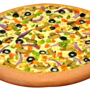 a pizza with olives, peppers, and onions