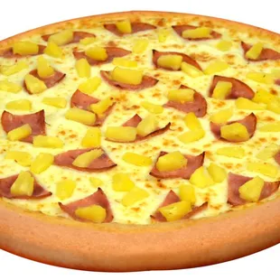 a pizza with pineapples and ham