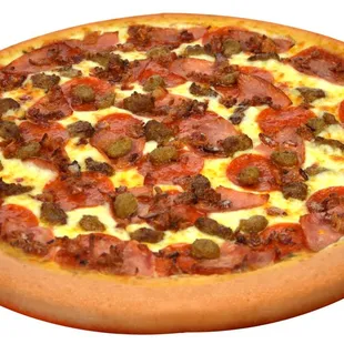 a pizza with pepperoni and olives