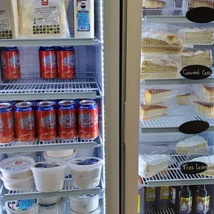 Fridge case with Venezuelan goodies and cake or flan