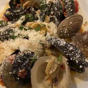 Hand rolled ribbon pasta with clams and mussels