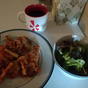 Misto salad, chicken parmesan with ziti and vegetable lasagna