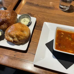 Minestrone soup with rolls for lunch on a rainy Monday.