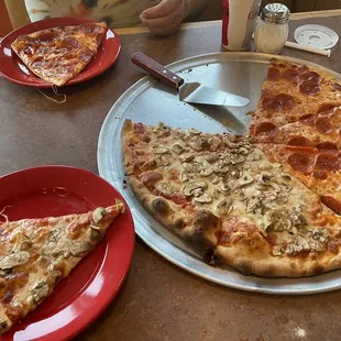a slice of pepperoni pizza on a red plate