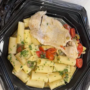 Chicken Pollo Toscano. Rubber chicken with half an artichoke heart.