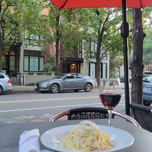 a plate of pasta and a glass of wine