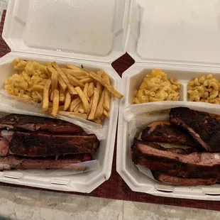 Rib dinner with fries and macaroni and cheese and a rib dinner with double macaroni and cheese.  It was flavorful and the meat was tender.