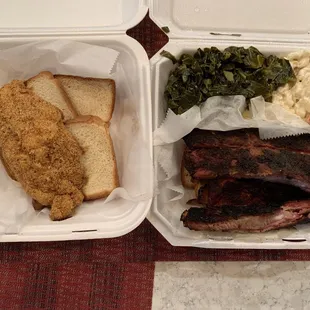 Delicious and hot fried cat fish with a rib dinner with collard greens and macaroni salad.  The spicy sauce went well with the ribs.