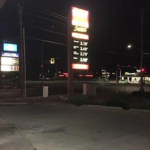 a gas station at night