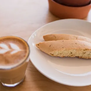 Freshly baked biscotti w/ oat cortado