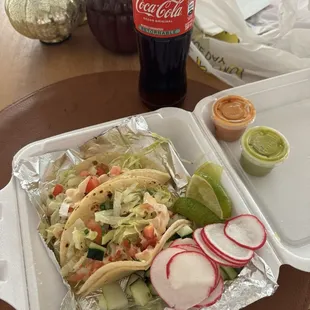 Shrimp tacos, Mexican Coke