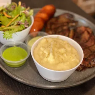 Picanha Steak Plate with side salad and mash potatoes.