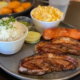 Picanha Steak Plate with sausage, mac &amp; cheese, and rice.