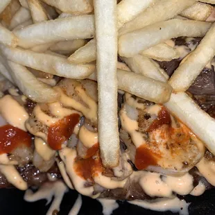 Close up of the delicious steak and shrimp