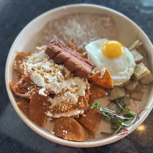Chilaquiles a la diabla, pork belly