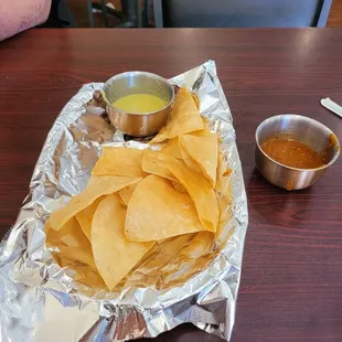 Chips and two very hot salsas