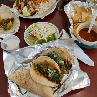 bottom: Picadillo quesadilla and two tacos... el pastor and chorizo. Beware the house salsa is HOT