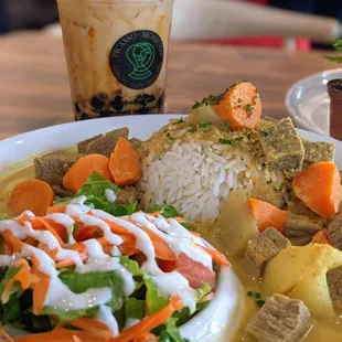 Mango Boba, beef curry over rice