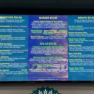 Sandwich, burger, salad and wrap menu