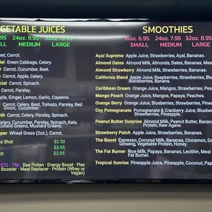 Vegetable juice &amp; smoothie menu