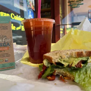 Veggie Sun Sandwich with GF bread + ABC juice and fish free omega supplement/liquid