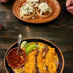 3 quesabirria tacos for $18+ and 3 sopes with chorizo for the same price