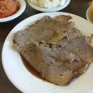 Roast beef with carrot soufle and mashed potatoes