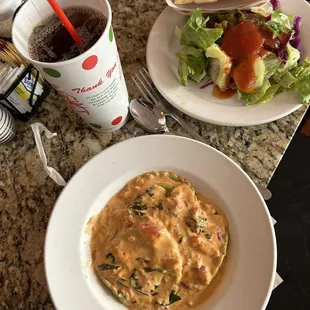 Spinach Ravioli Lunch Special, salad and drink