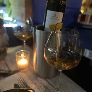 a glass of wine and a plate of food