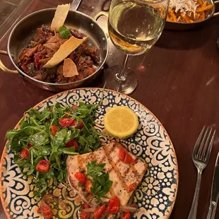 Swordfish, caponata, maccheroni alla Norma