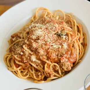 a plate of spaghetti with tomato sauce and parmesan cheese