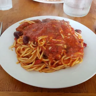 Puttanesca with 2 sausages. Very good!