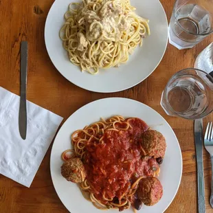 Carbonara w/chicken (top), Puttanesca w/meatballs (bottom)