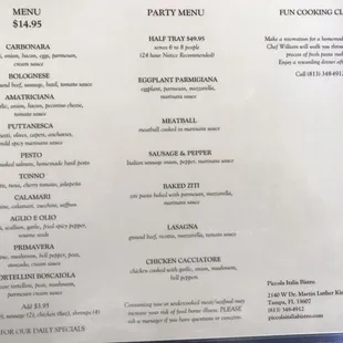 Menu - Specials will almost double what is available above, but note the price may be 2x or 3x also