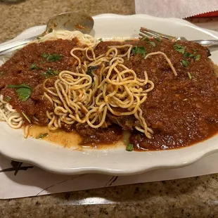 Eggplant Parmesan with homemade Angel Hair pasta and meat sauce