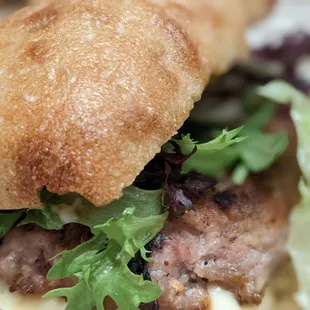 Zozzone - Italian sausage, roasted pepper, mozzarella, fresh greens on Ciabatta