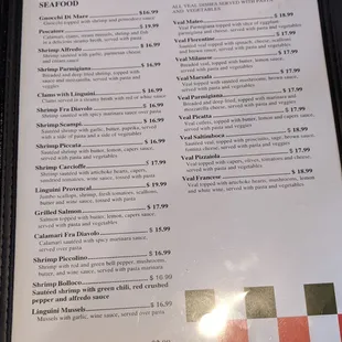 Menu; seafood and veal.