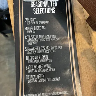 Seasonal tea menu
