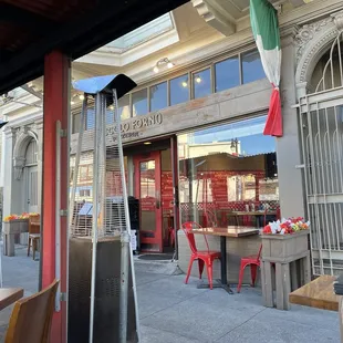 Outside of restaurant looking from outdoor seating area