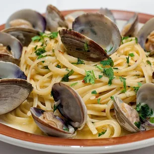 a plate of pasta with clams