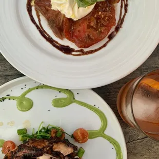 Burrata caprese special + grilled octopus + smoky Queen Mar cocktail