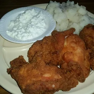 3 piece chicken, German potato salad and cottage cheese