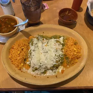 Enchiladas Verdes with Charro beans instead of refried beans.