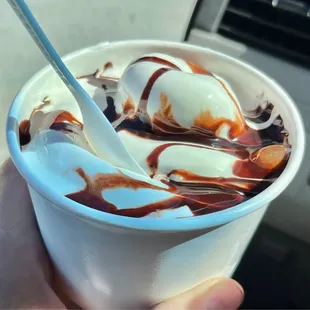 Soft serve ice cream, Hot Fudge Sundae.