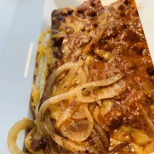 Chili cheese dog. Grilled onions.