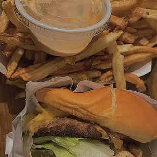 Double deluxe and fries with PICK-QUICK Sauce